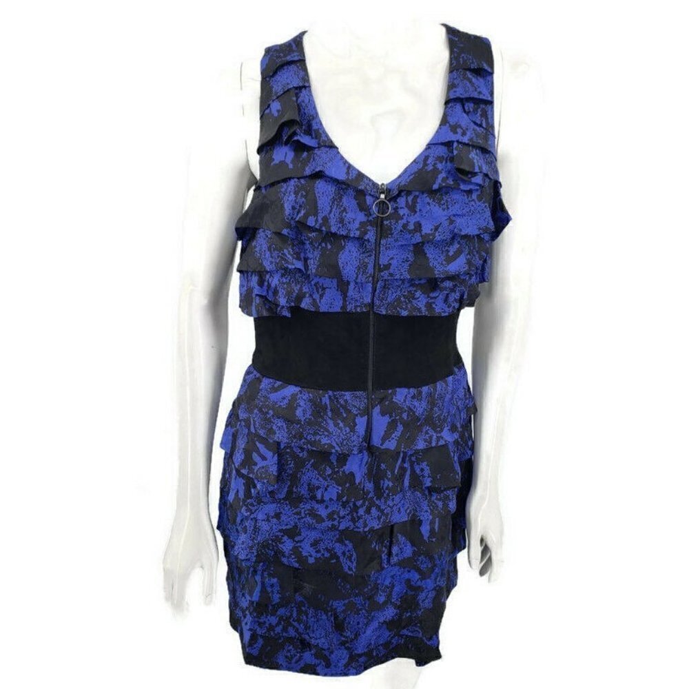 Robert Rodriguez Dress Womens 8 Blue Black Silk Leather Tiered Layered Zip Front